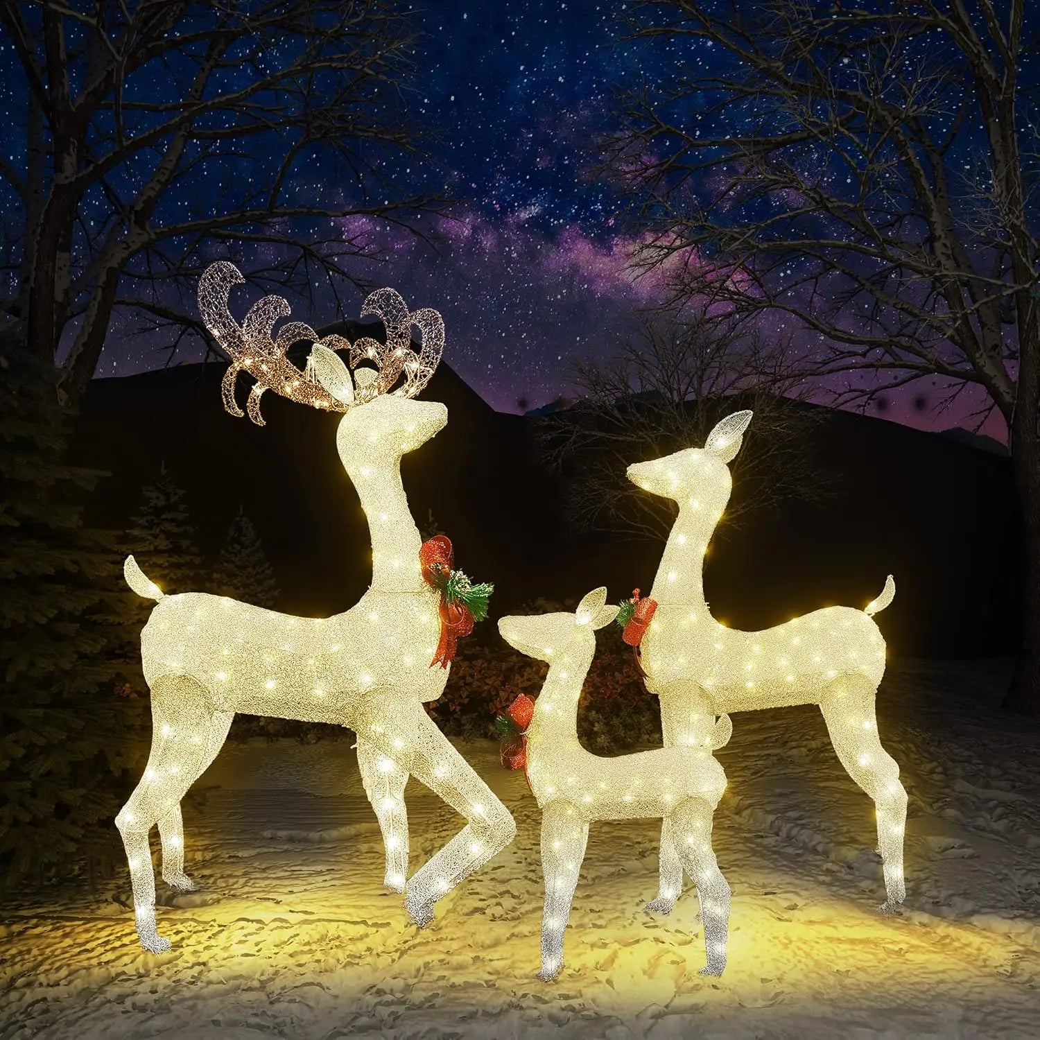 3-Piece Reindeer Christmas Decoration Family Set, Lighted Christmas Reindeer with Bows & 230 Warm White Led Lights