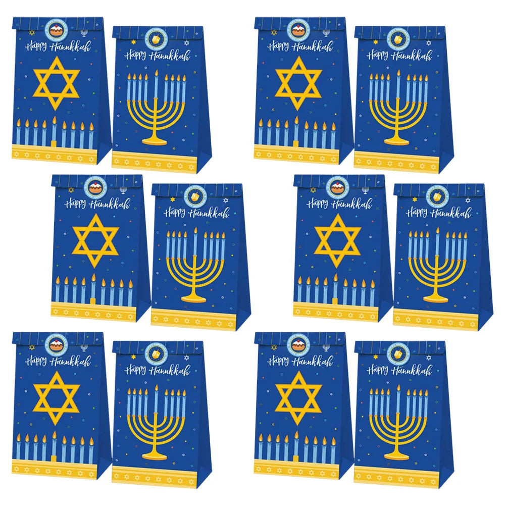 12 Pcs Hanukkah Jewish New Year Holiday Gift Bag Nine-headed Menorah Pattern Birthday Candy 12pcs Party Supply Paper Adorable