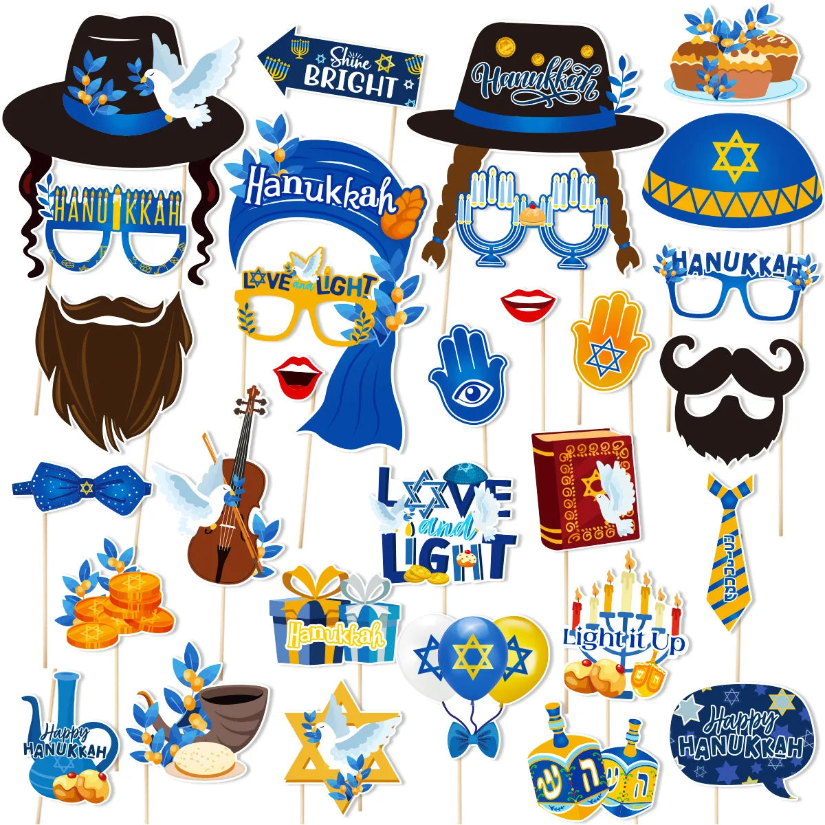 30pcs Hanukkah Photo Booth Props with Star of David Menorah Pattern Chanukah Decorations for Jewish Festival Home Decor Supplies