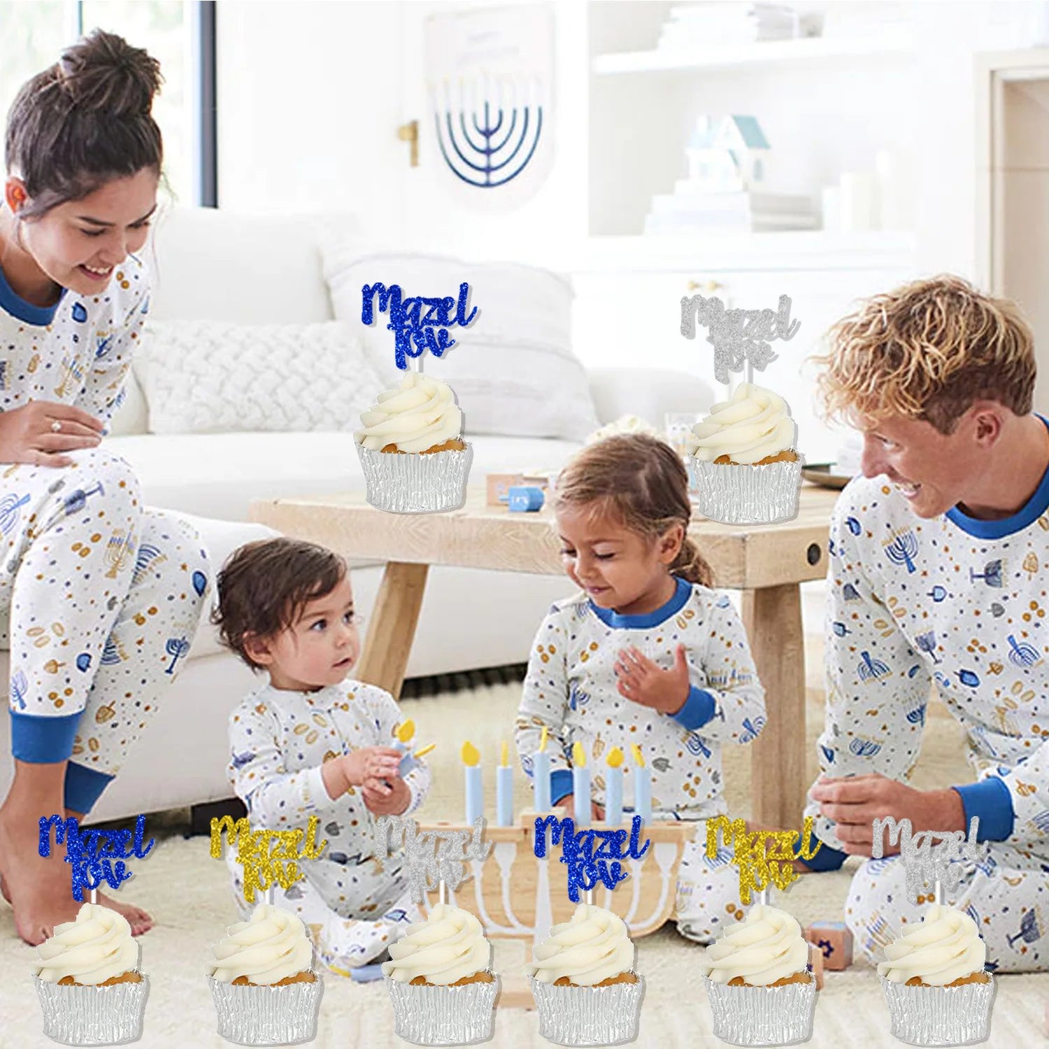 18PCS Glitter Mazel Tov Cake Topper Decorations for Jewish Holiday Hanukkah Party Bar Mitzvah Wedding Party Decorations Supplies