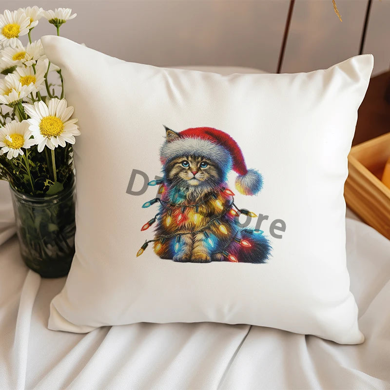 Christmas Camouflage Lamp Cat Iron on Stickers Animal Design DTF Heat Transfer Print Ready To Press For Clothing Patch