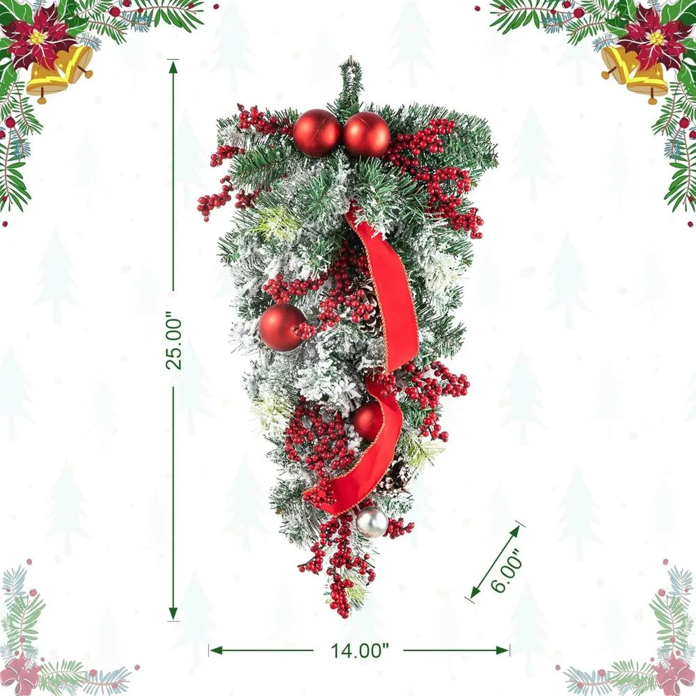 2Pcs Christmas Teardrop Swag, Artificial Swag Wreaths with Berries, Pinecone and Red Ball Ornament, 25" H Ribbon Swag