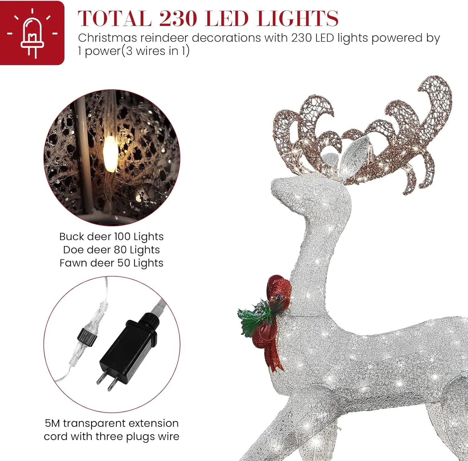 3-Piece Reindeer Christmas Decoration Family Set, Lighted Christmas Reindeer with Bows & 230 Warm White Led Lights