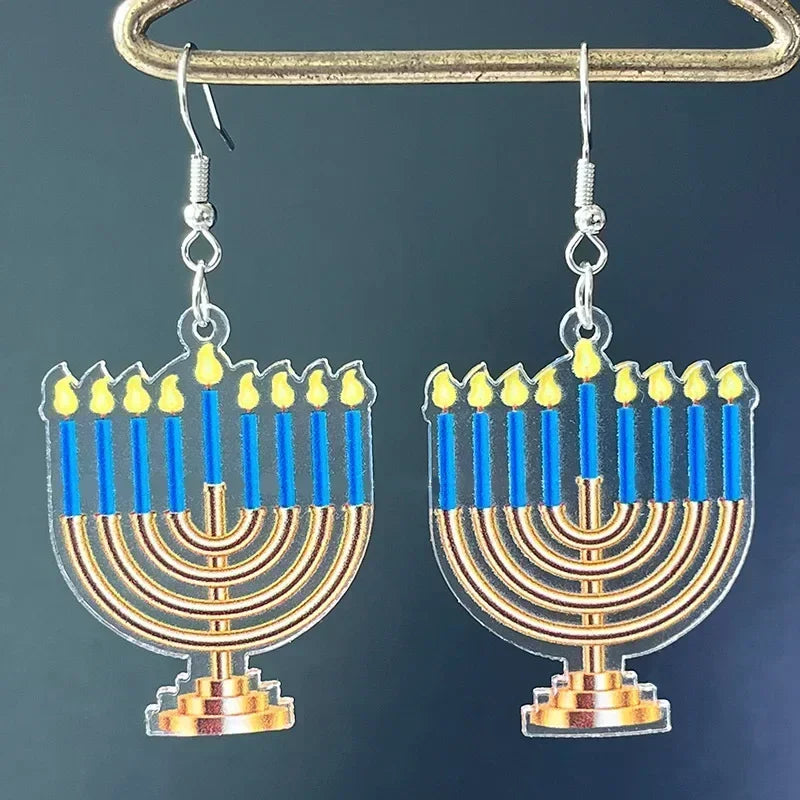 4 Pairs Hanukkah Acrylic Earrings Hanukkah Party Decorations Candlestick Star Candle Ornament Hanukkah Supplies Jewish Holiday