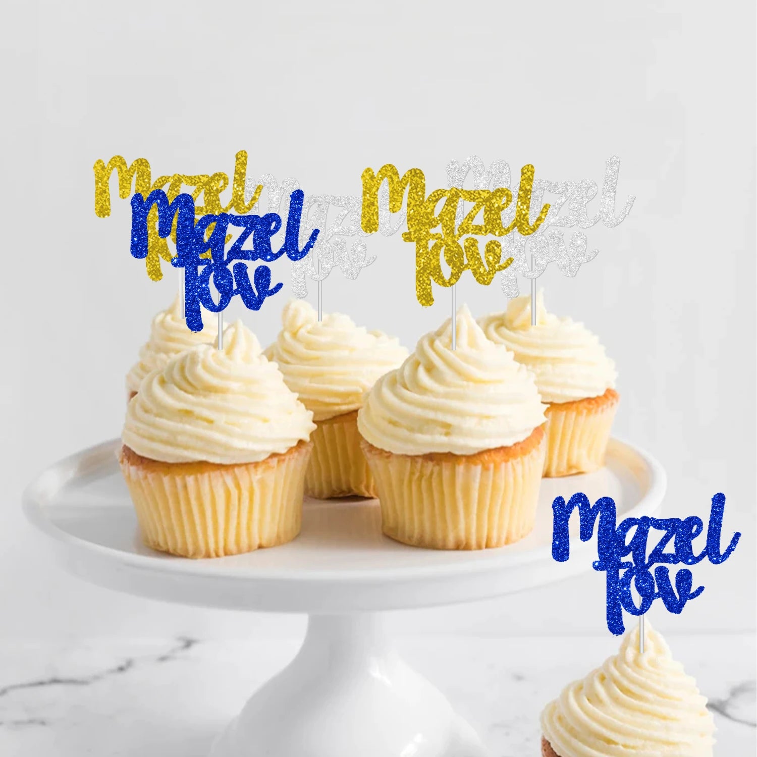 18PCS Glitter Mazel Tov Cake Topper Decorations for Jewish Holiday Hanukkah Party Bar Mitzvah Wedding Party Decorations Supplies