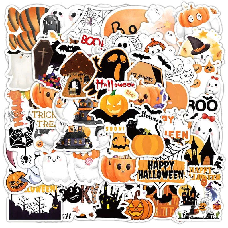 52PCS Self-adhesive Halloween Stickers Cute Waterproof Castle Ghost Pumpkin Halloween Stickers For Phone Laptop Luggage Guitar