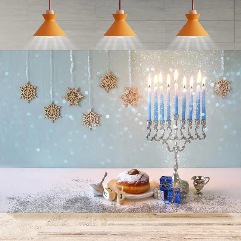 Happy Hanukkah Photography Backdrop Candelabra Burning Candles Background Jewish Holiday Home Party Backdrop Wall Banner Decor