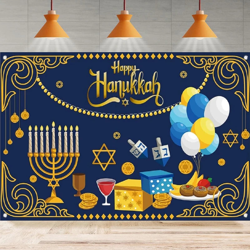 Photography Backdrop For Happy Hanukkah Chanukah Banner Jewish Holiday Menorah Star Decor Home Party Backdrop Wall Banner Decor