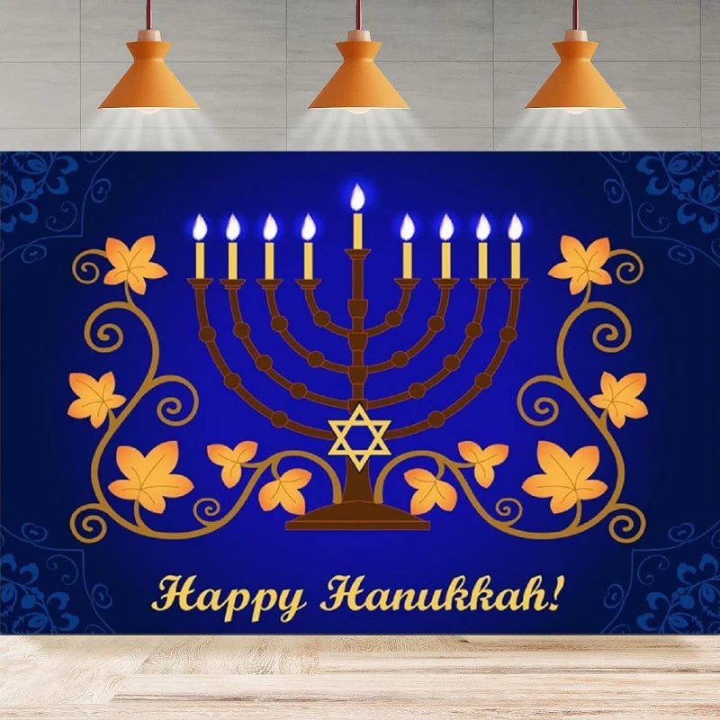 Photography Backdrop Happy Hanukkah Party Decorations Menorah Blue Shiny Lamps Chanukah Background Poster Banner