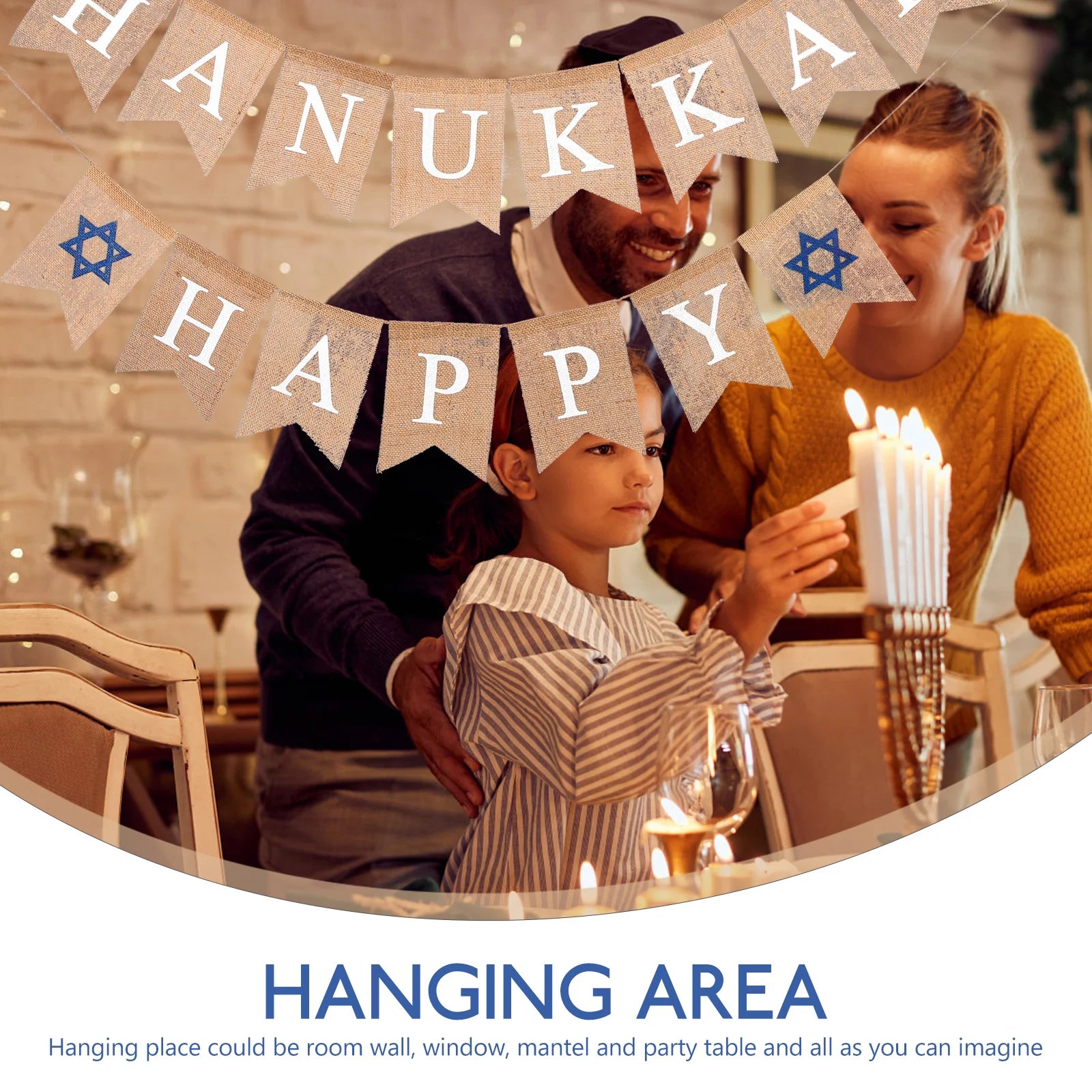 Chanukah Holiday Vintage Decor Linen Hanging Banner Happy Hanukkah Decorations Bunting