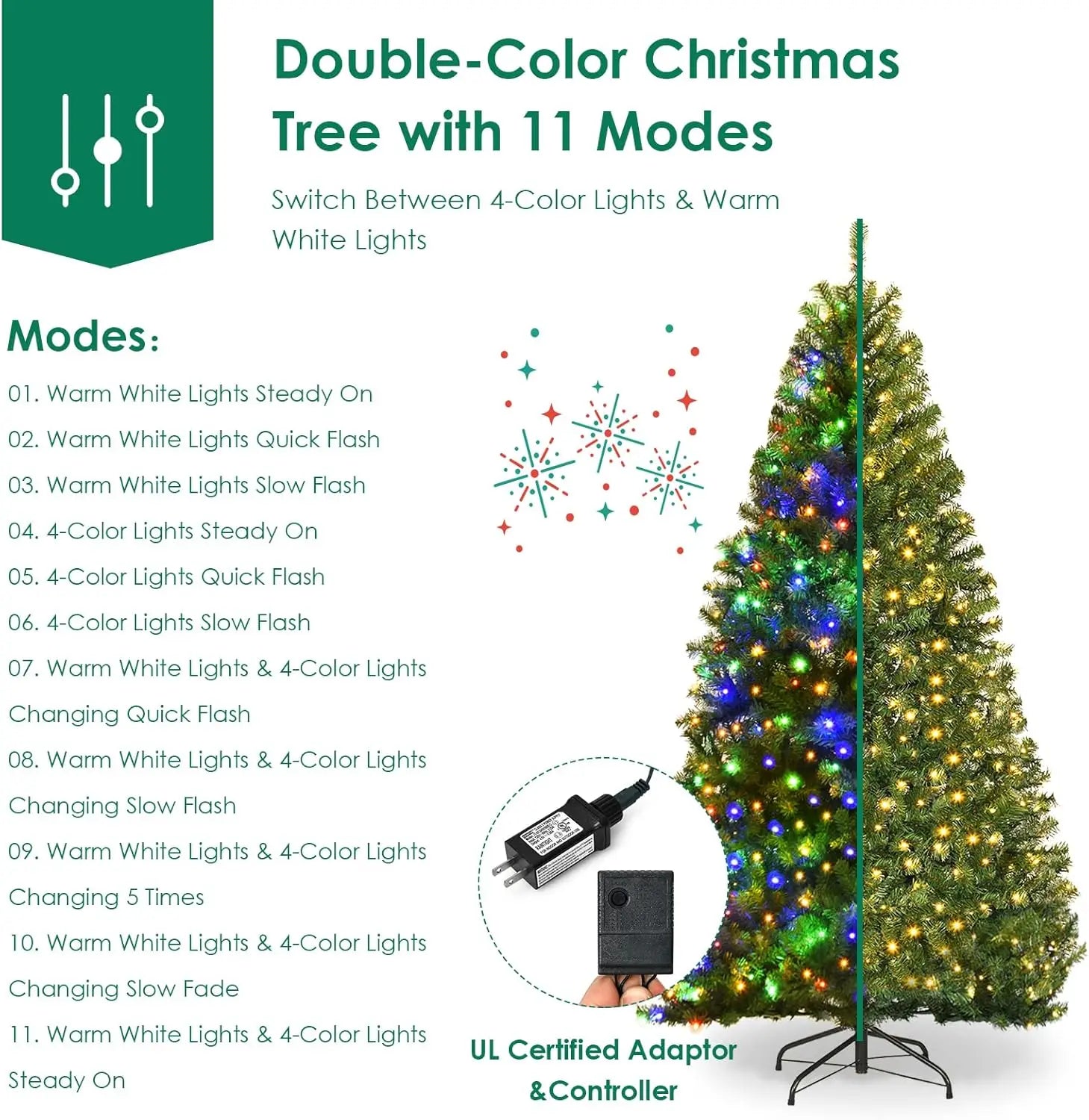 Prelit Christmas Tree, Xmas Tree with 2944 PVC Branch, 1000 Pre-Strung Dual-Colored LED Lights 11 Lighting Modes & Foldable Base