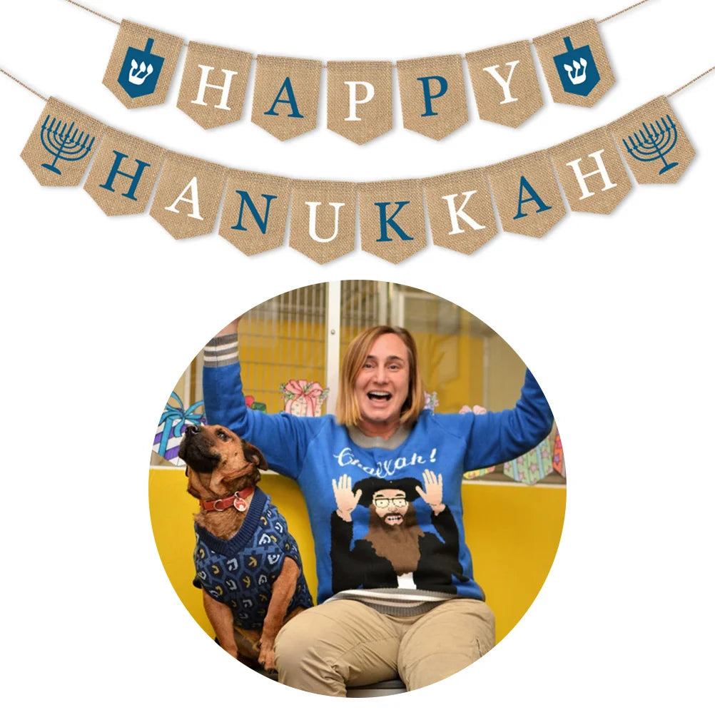 Ornament Burlap Banner HAPPY HANUKKAH Bunting Party Supplies Outdoor Decorate Hanging