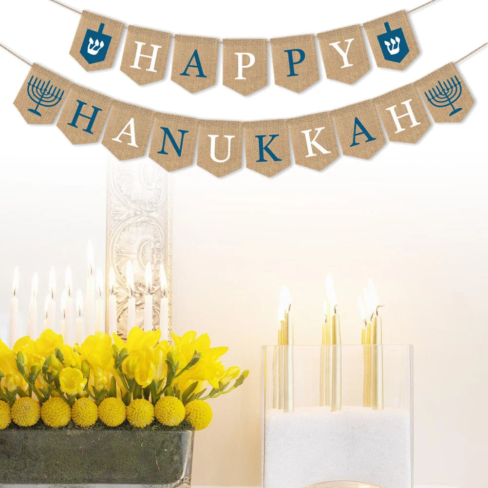 Ornament Burlap Banner HAPPY HANUKKAH Bunting Party Supplies Outdoor Decorate Hanging